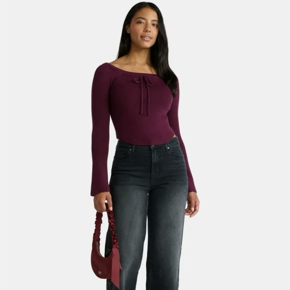 MADDEN NYC Burgundy Crop SWEATER Drawstring neck Bell Sleeves L